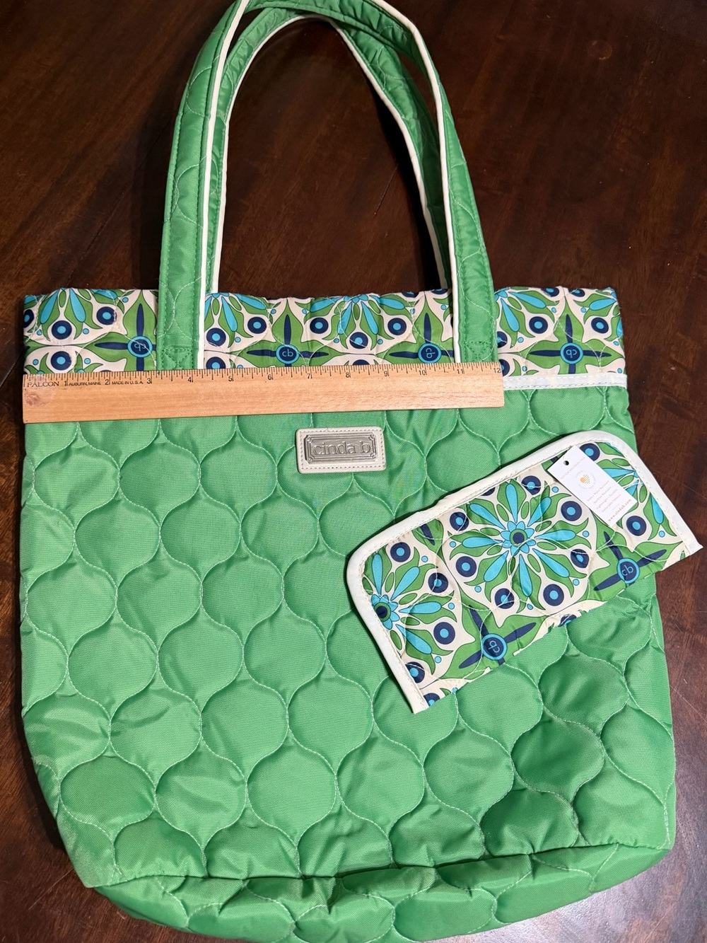 Green Quilted Shoulder Tote with Decorative Trim